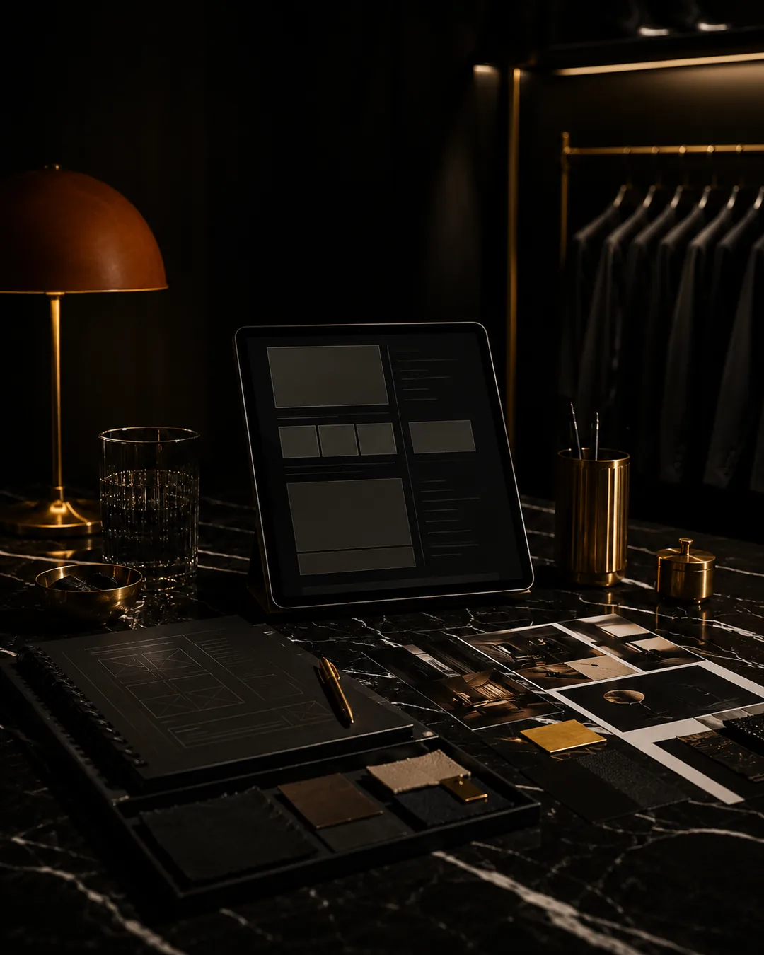 Tavolo di progettazione con lo schema di un sito su tablet, moodboard e campioni di materiali
