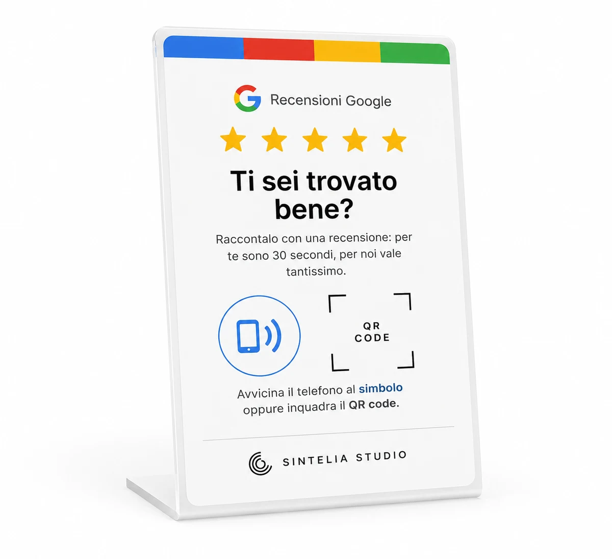 Espositore NFC e QR che invita a lasciare una recensione